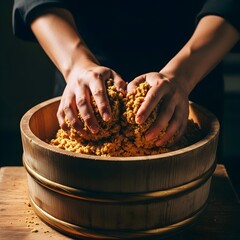 The hands-on, mindful process of making traditional miso. Hands pack the fermenting soybean paste into a wooden bucket, creating a gut-healthy, probiotic functional food.
