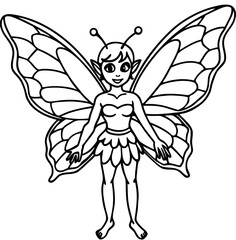Whimsical fairy with delicate butterfly wings in a classic black and white line art style