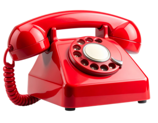 Cartoon Vintage Rotary Phone in Glossy Red, Coiled Cord, Floating Perspective, Isolated on Transparent Background