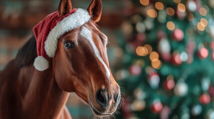 A horse wearing a Christmas hat stands against a backdrop of festive lights, evoking a warm and cheerful holiday spirit.