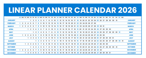 blue and black color Linear planner calendar for 2026. Horizontal or Landscape orientation grid 2026 Linear planner calendar week starts on Sunday. 2026 Linear calendar Annual schedule grid 