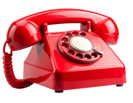 Cartoon Vintage Rotary Phone in Glossy Red, Coiled Cord, Floating Perspective, Isolated on Transparent Background - Powered by Adobe