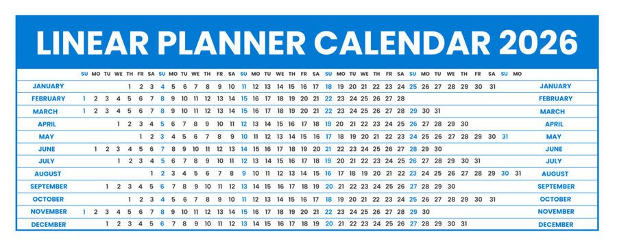 blue and black color Linear planner calendar for 2026. Horizontal or Landscape orientation grid 2026 Linear planner calendar week starts on Sunday. 2026 Linear calendar Annual schedule grid 
