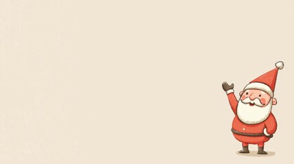 Digital illustration of a cheerful cartoon Santa Claus waving on a clean beige paper background with copy space for greetings.