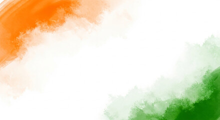 Abstract watercolor brush strokes in saffron orange and green on a white background representing the indian flag colors for national celebrations and patriotic themes