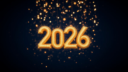 Golden 2026 Balloons against a Dark Background. Glittering, illuminated numbers hang suspended in the center, surrounded by a cascade of small, golden sparkles. The numbers have a textured, glittery
