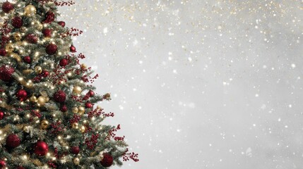 Flocked Christmas tree decorated with red and gold ornaments on the left side, on a silver bokeh background with falling snow and copy space for text or greetings.