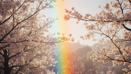 Photograph of a serene spring landscape featuring two cherry blossom trees with delicate pink flowers, framed by sunlight. A vibrant rainbow arches through the center, blending into the bright, hazy