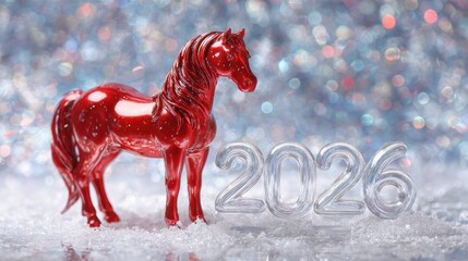 Red figurine of a horse placed beside transparent numbers &ldquo;2026&rdquo; on a snowy surface with a shimmering background.