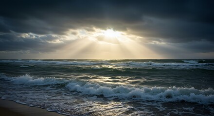 Obraz premium Dramatic ocean waves crashing under stormy skies, golden rays breaking through clouds, followed by serene moonlit beach reflecting silver light.