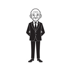 Old man with formal suit black and white vector illustration for classic portrait artwork design
