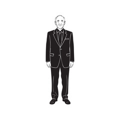 Old man with formal suit black and white vector illustration for classic portrait artwork design