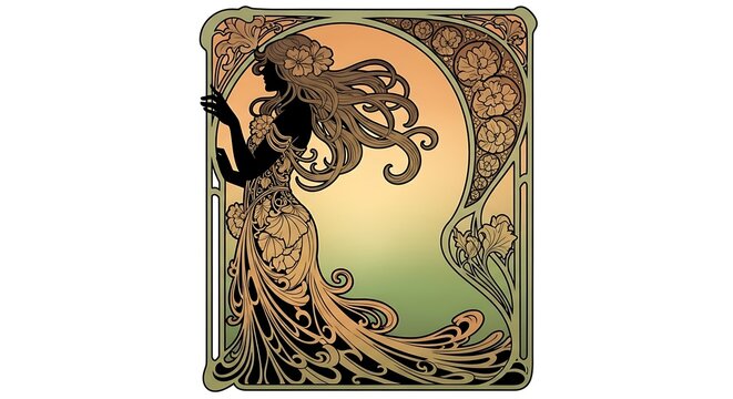 Art Nouveau Woman Silhouette with Flowing Hair and Floral Motifs.