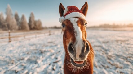 Horse wearing a Christmas hat standing on snow, winter holiday outdoors.