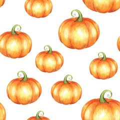 Seamless pattern featuring hand-drawn pumpkins on white background. Festive autumn design for Halloween and Thanksgiving