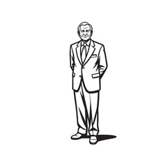 Old man with formal suit black and white vector illustration for classic portrait artwork design
