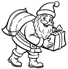 Santa claus carrying a large gift bag in black and white