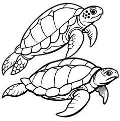 Black and white line art of sea turtles swimming gracefully