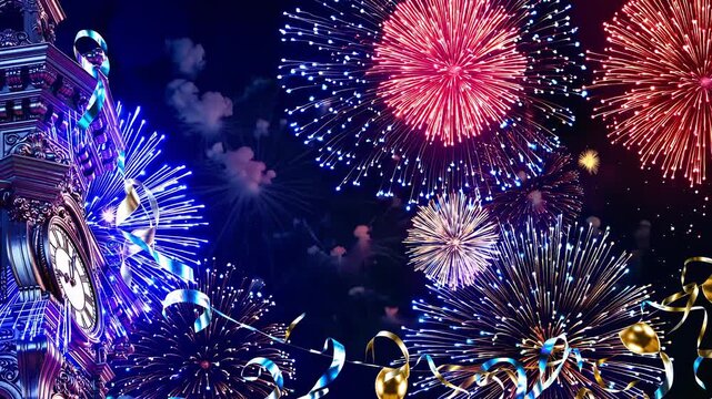 Fireworks exploding over big ben clock tower celebrating new year's eve