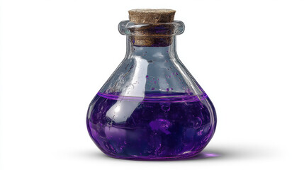 Elegant purple glass vial with transparent liquid, cork stopper, scientific laboratory setting, chemistry research equipment, and professional medical presentation