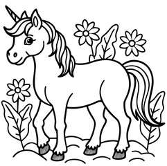 Whimsical black and white line art unicorn standing in a meadow