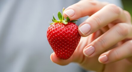 A womans hand holding a single fresh ripe red strawberry.