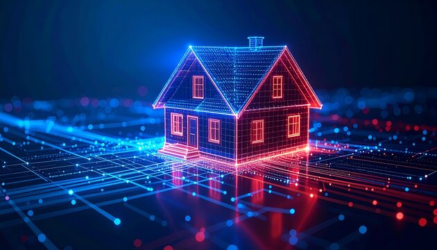 A digital house model glows with neon lines amidst a network of circuits and data points, suggesting smart home technology - Powered by Adobe