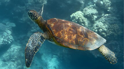Obraz premium Green sea turtle gliding through clear ocean waters, surrounded by dappled sunlight and coral.