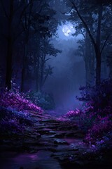 Obraz premium Mystical Moonlight Forest Path With Purple Flowers