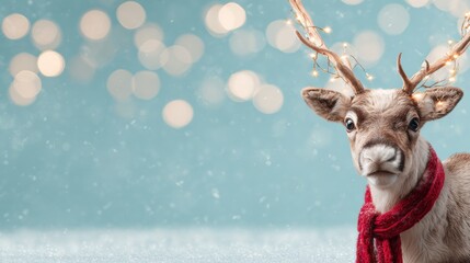 Deer wearing a Christmas scarf and garland on antlers, winter holiday scene. Copy space 