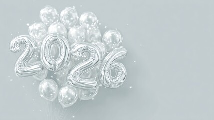 Transparent balloons forming the number 2026 on a light background, festive New Year composition.
