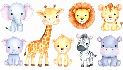 Obraz premium Watercolor Set of Cute Baby African Animals – Elephant, Lion, Giraffe, Zebra & Hippo