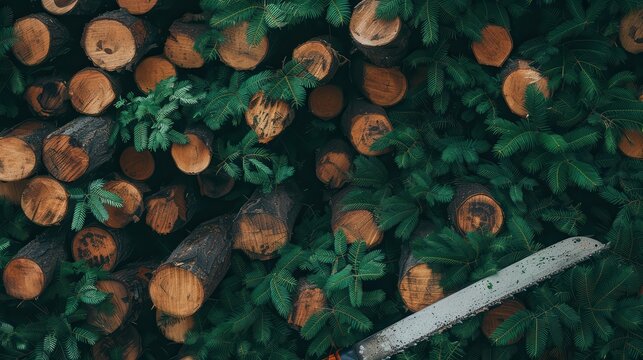 Rustic wood pile of cut logs and pine branches with a hand saw blade, natural timber preparation