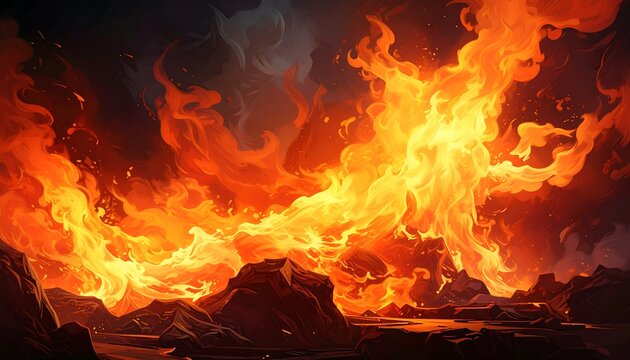 A dramatic depiction of fire engulfing a mountainous landscape, showcasing vibrant hues of orange and yellow flames against a dark backdrop.