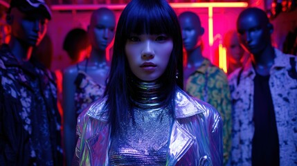 Woman in neon outfit with mannequins and city lights in background.