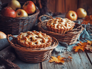 Basket with apples and autumn pies on wooden table. Cozy rustic hygge atmosphere, perfect seasonal stock image for autumn home decor.
