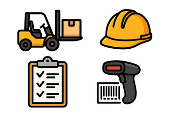 Warehouse management icons set with forklift, hard hat, checklist, barcode scanner, safety equipment, logistics tools, shipping, inventory control, vector cartoon illustration transparent background
