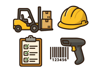 Warehouse management icon set with forklift, hard hat, checklist, barcode scanner, safety gear, inventory control, logistics symbols, vector cartoon illustration, transparent background