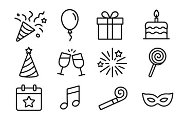 Simple linear style holiday and celebration icon set, cartoon vector illustration with party hat, balloon, gift box, cake, clinking glasses, fireworks, mask, music note, calendar, and lollipop