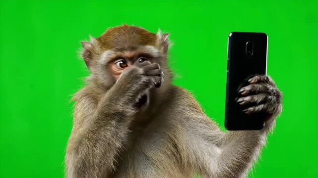 Surprised Monkey with Smartphone: A playful primate gazes in astonishment at a sleek smartphone, its expression a captivating blend of curiosity and surprise, set against a vivid.