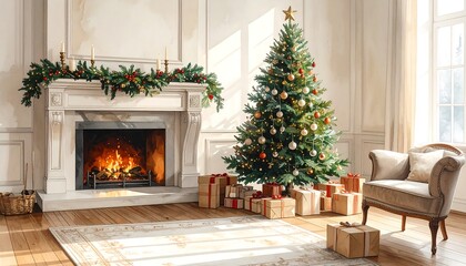 Cozy Christmas Living Room with Fireplace and Decorated Tree.