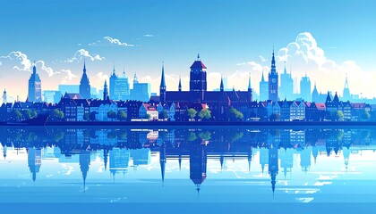 A vibrant cityscape reflected serenely on a placid body of water, showcasing a picturesque skyline with tall buildings and quaint architecture.