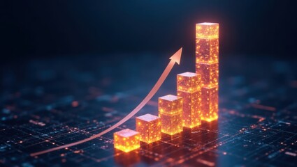 Una torre de cubos brillantes que se eleva con flechas y gráficos digitales de fondo que simbolizan confianza, estabilidad y crecimiento ascendente continuo