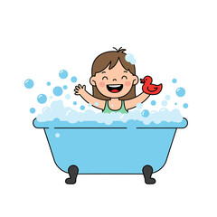 Naklejka premium Happy little girl taking a bubble bath with a red rubber duck. Cheerful child enjoying bath time with foam, a concept of hygiene and daily routine
