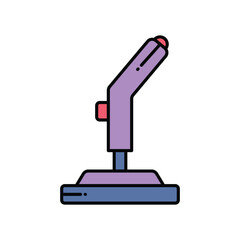 An illustration of a lilac and blue gamepad with a red button at the top