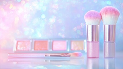 An elegant display of beauty items with a clean, pastel aesthetic and sparkling light.