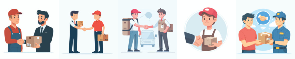vector courier shaking hands handing over package to customer