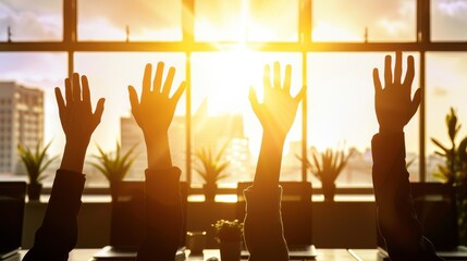 Silhouetted hands raised in a bright office meeting, symbolizing vote, agreement, and participation