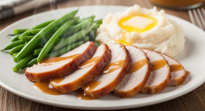 A plated meal of sliced roasted turkey with gravy mashed potatoes and green beans.