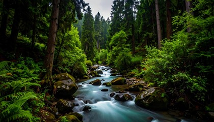Fototapeta premium A flowing river winds through a vibrant, verdant forest under an overcast sky, creating a serene landscape